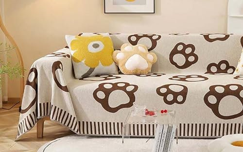 Gualiy Sofa Bezug 180x300cm, Pfotenmuster mit Streifen Sofa Überzug 3 Sitzer Sofabezug Waschbar Kaffee Sofa Überzug für Wohnlandschaft