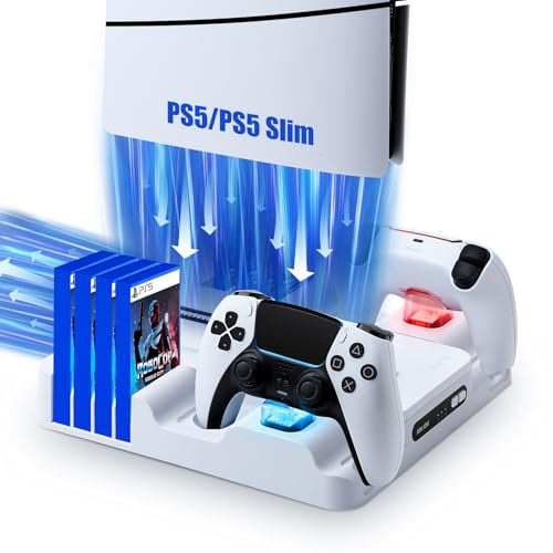 LYtech PS5/PS5 Slim Stand and Cooling Station with LED Controller Charging Station for Playstation 5/PS5 Slim PS5 Accessories with 3 Levels Cooling Fan PS5 Slim Fan Cooler System with 8 Game Storage