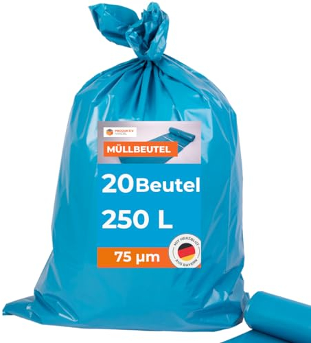 Müllsäcke 20 Stück - 2 Rollen | 250l extra große starke blaue Müllbeutel | große stabile Abfallsäcke 75µm | 100% Recyclinganteil | sehr reißfest & wasserdicht