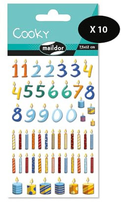 Maildor CY140Cpack - Packung mit 10 Bögen 3D Sticker Cooky/Aufkleber, 7,5x12cm, Kerzen/Zahlen, 350 Stickers, 1 Pack