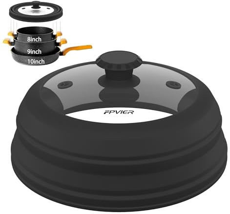 FPVIER Microwave Splatter Cover, Vented Silicone & Glass, Collapsible, Fits 6-10 Inch Plates & Bowls, Black