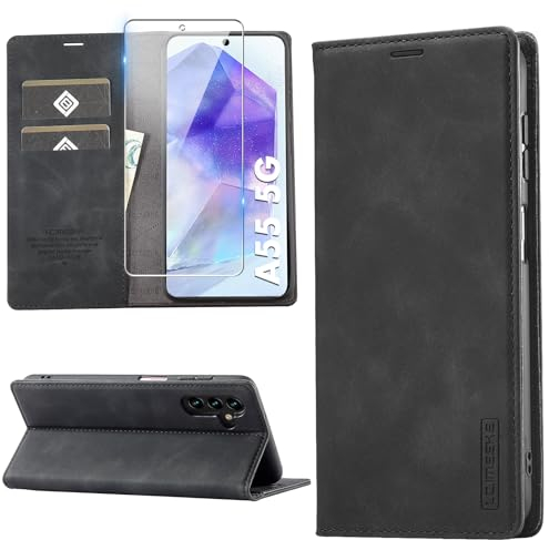 Cover per Samsung Galaxy A55 5G, Custodia Flip in Pelle per Samsung Galaxy Galaxy A55 5G, Caso in PU Pelle Premium Portafoglio Custodia Chiusura Magnetica, Kickstand, Slot per Schede, Nero