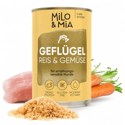 Milo & Mia Schonkost Nassfutter für Hunde, Geflügel & Reis, 24 x 400 g | Monoprotein mit Geflügel, Reis & Gemüse; weizen- und glutenfrei, frische Zutaten in Lebensmittelqualität, für sensible Hunde
