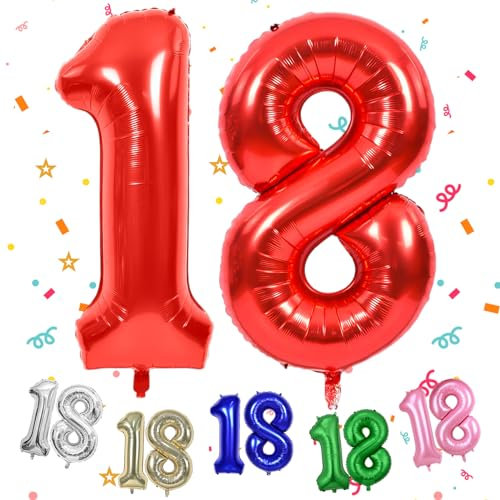 40 Inch Red 18 Balloon, Giant Large Number 18 Balloon, Digit 18 Helium Balloons, Big Mylar Number 18 Foil Balloons for Boy Girl 18th Birthday Party Supplies Graduations New Year Eve Decorations