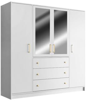 Vente-unique - Armoire 4 Portes et 3 tiroirs - avec miroirs - L196 cm - Blanc - Lizandro
