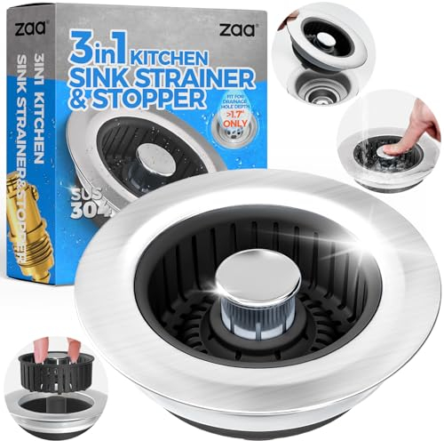 Upgraded 3in1 Kitchen Sink Drain Strainer and Sink Stopper, Stainless Steel Kitchen Drain Plug & Cover with Anti-Clogging Basket Strainer, Fit US Standard 3-1/2'' Sink Drain Hole, Brushed Black