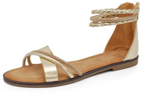 IF Fashion Flache Sommersandalen für Damen mit Bändern Armband Strass Glitzer 6W9110 Schwarz Gold Weiß, 9110 Gold, 40 EU