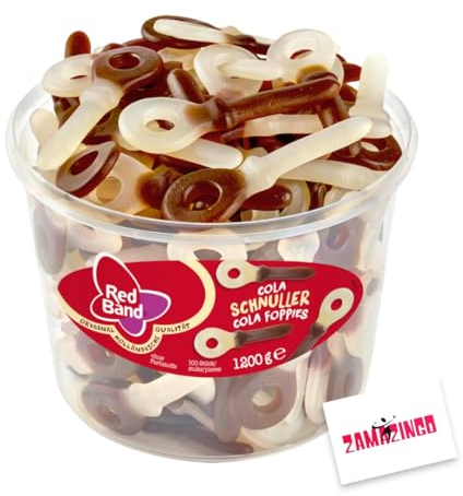 Red Band Cola Schnuller Fruchtgummi 100 stk. 1200g | natürlichen Farbstoffen | Cola Geschmack für Naschkatzen | Teilen und Verschenken + Zama4Zingo Karte (Cola Schnuller)