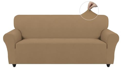Easy-Going Stretch Sofa Überzug 3 Sitzer, Rutschfester Sofabezug für Hund Katze, Waschbarer Fleece Couch Überzug Bezug, Weicher Küchensofa Couch Cover, 1 Stück Sofaschoner mit Armlehnen, Kamel