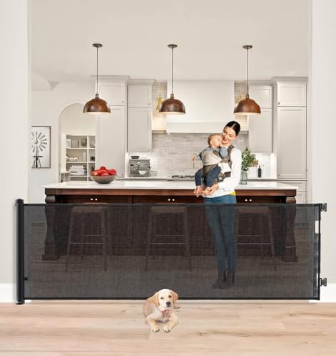 The Fellie Retractable Stair Gate, 300cm Extra Wide Stair Gates for Dogs, One Hand Operation, Adjustable Length, 86cm Tall Baby Gate Safety Gate for Dogs, Hallways/Indoor/Outdoor, Pet Dog Gate, Black