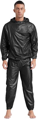 Sxiwei Herren Sauna-Anzug Zweiteiliger PVC Schwitzanzug Langärmelige Kapuzenjacke Oberbekleidung und Lange Hose Trainingsanzug Typ B Schwarz L