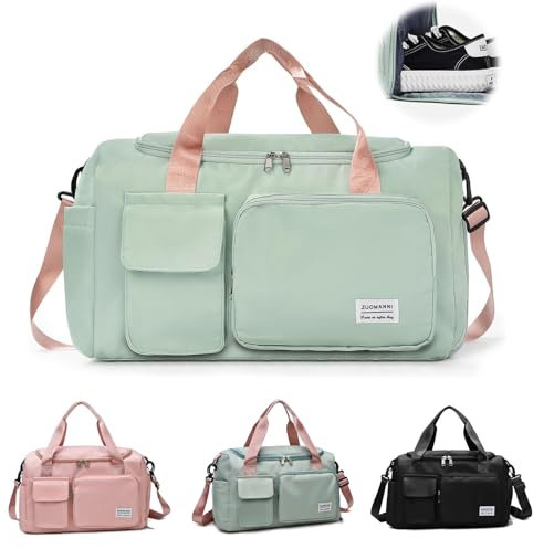 Sporttasche Groß, Sporttasche & Reisetasche für Damen und Herren, Sporttasche mit Schuhfach und Nassfach, für Fitness, Sport, Trainingstasche, Schwimmtasche, Übernachtung Tasche (Grün mit Pulver)