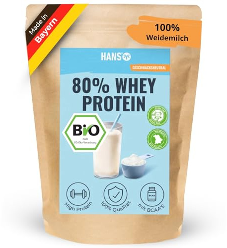 HANS Brainfood 80% Bio Whey Protein Pulver Neutral 1kg von Kühen aus Bayern ohne Zuckerzusatz - Eiweißpulver, Whey, Eiweiss Protein Pulver - 100% reines Bio Molke-Protein
