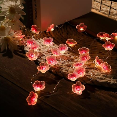 Lumineuse LED en Fleurs de Cerisier, Guirlande Lumineuse Fleur de Cerisier Rose, Lichterkette Frühling, 2 m Avec 20 LED Guirlande Lumineuse, Mädchen Zimmer Deko, le Jardin, les Arbres, la Terrasse