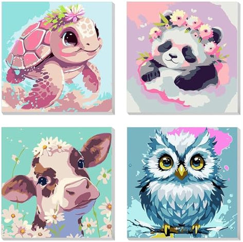 LOITTAINUE Malen Nach Zahlen mit Rahmen 4 Stück ab 5 6 7 8 9 Jahre Mädchen und Jungen, DIY Handgemalt Ölgemälde Kit Tiere für Erwachsene, Kinder und Anfänger mit Pinsel und Acrylfarben 20 X 20cm