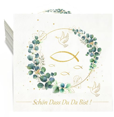 Servietten Taufe Eukalyptus,36 Stück Kommunion Servietten Eukalyptus Grün Schön Dass Du Da Bist Servietten Konfirmation Junge Mädchen Taufe Deko Firmung Erstkommunion Tischdeko Hochzeit,33x33cm