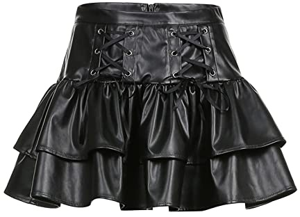 Minirock Damen Kunstleder Kurz Faltenrock Solid Lederoptik Festlich Skaterrock Lederrock A-Linie Gothic Rock High Waist Plissee Minirock Gothic Skirt Reißverschluss Nachtclub Lederrock Sexy