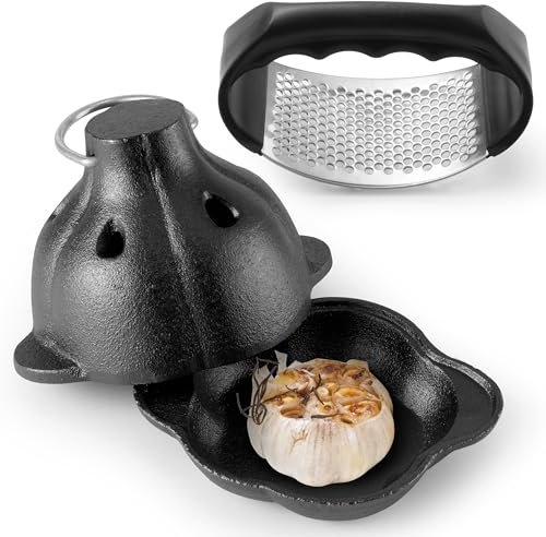 GerdfeiTawtab Cast Iron Garlic Roaster, Pre-Seasoned Smoker Roaster Box With Stainless Steel Garlic Press, for Smoky Garlic Mushroom Vegetable Meat Picnic Camping Patio Backyard Indoor Outdoor