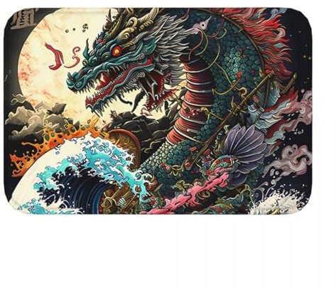 OOAHJEID Bathroom door mat Japanese Wave Kitchen Non-Slip Carpet Great Night Japanese Dragon Living Room Mat Entrance Door Doormat Home Decoration Rug