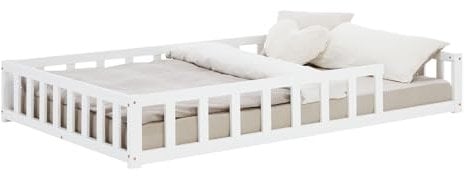 Homestyle4u Bodenbett 120x200 Weiß Montessori Kinder Holzbett Kinderbett mit Rausfallschutz Matratze Lattenrost