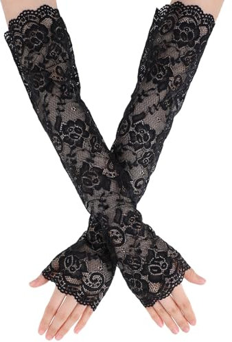 Bremorou 2 Stück Spitzenhandschuhe Schwarze Lange Handschuhe Damen, Handschuhe Uv Schutz, Lange Fingerlose Spitzenärmel, Elegante Hochzeitshandschuhe Für Damen Teeparty Opern Karneval Maskerade