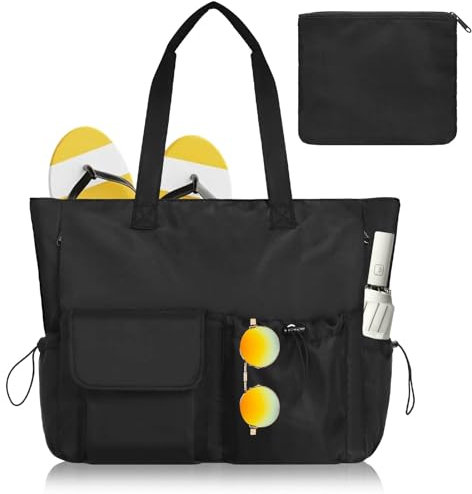 Anpumoony Sac de Plage Femme Imperméable, 45L Grand Sacs Plage XXL avec Fermeture Éclair, Ete Sac de Voyage, Anti Sable Sacs de Piscine, Cabas Tote Bag pour Travail Voyages Shopping