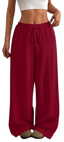 Uwdiohq Pantalon Fluide Femme Été Fluide Plissé Taille Haute Elastique Décontractés Pantalons Mode Confortable Jogging Plage Rétro Pants Léger Respirant Pantalon avec Poches