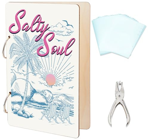 SUPERDANT Grußkarten Organizer Mit Sommer Strand Motiv Grußkartenordner Aus Holz 2 Ring Postkartenalbum Für Geburtstage Und Hochzeiten Mit Locher Und 20 Taschen Salty Soul