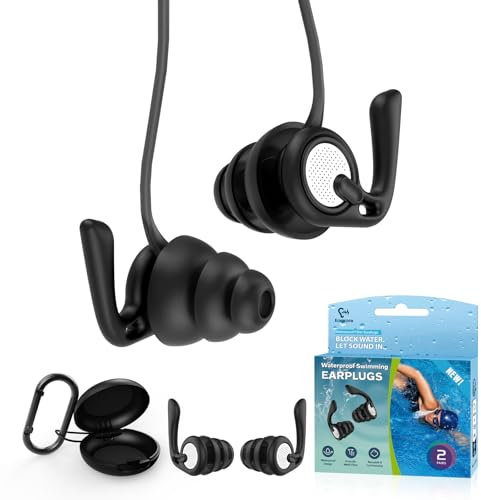 Schwimm Ohrstöpsel, Eargrace 2 Paar wasserdichte Silikon Ohrstöpsel mit Verbindungskabel & Etui – Wiederverwendbar für Schwimmen, Duschen, Baden, Surfen & Pool – Für Erwachsene & Kinder ab 8 Jahren