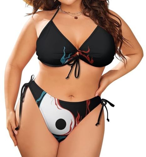 Girl's Plus Sexy Two Piece Bikini Hawaiian Sling Swimsuit Sunmmer Travel Bathing Suit Tai Chi Yin and Yang Black