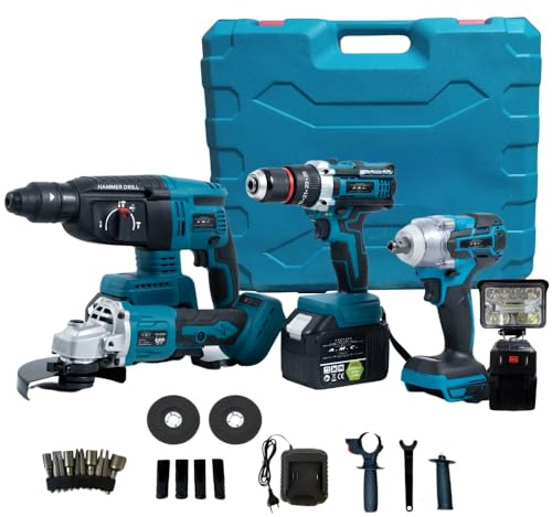 A.M.C. Kit Professionale Fai da Te 5 in 1 con Trapano Avvitatore a Batteria, Trapano a Percussione a Batteria Smerigliatrice Angolare, Trapano a Martello e ad Impulsi Svita Bulloni Luce Led 88v