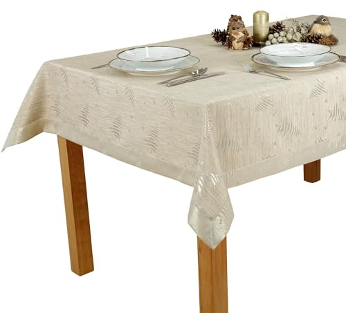 invitta Tischdecke für Weihnachten 140x280 cm – Edle schmutzabweisende Weihnachtstischdecke mit dekorativer Goldbordüre, Beige mit goldenen Weihnachtsbäumen und Sternen, mit Lotuseffekt