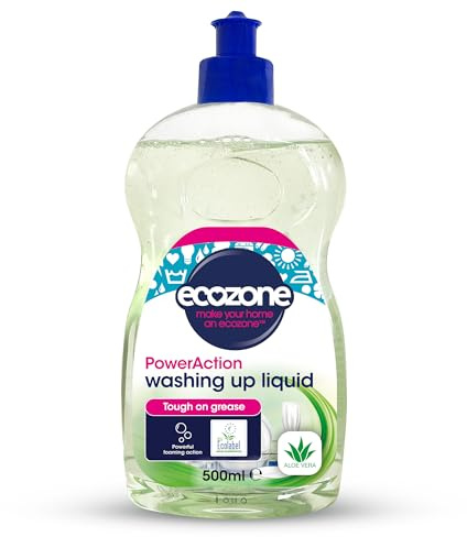 Ecozone PowerAction Washing Up Liquid, Long Lasting Eco Washing Up Liquid with Aloe Vera Scent, Foaming Formula & Streak Free Shine, Eco Conscious Natural Cleaning Products - 500ml
