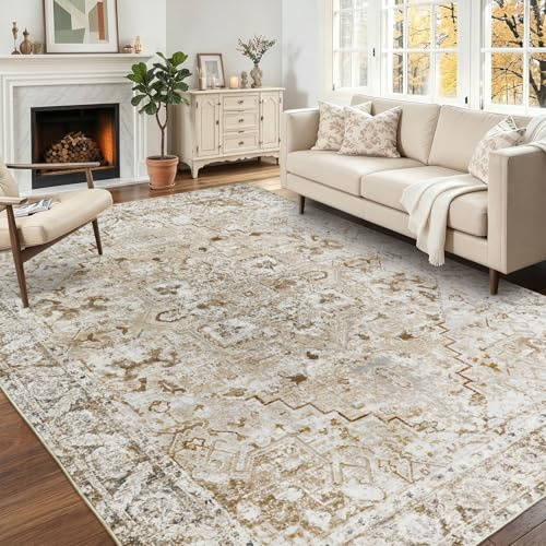 Famibay Teppich Wohnzimmer Schlafzimmer 160x230 Waschbarer Teppich Beige Vintage Wohnzimmerteppich Weicher Teppiche rutschfest für Esszimmer Gegend BüRo