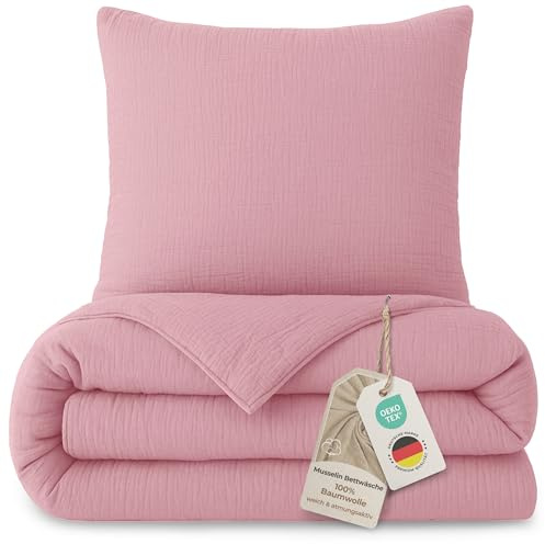 LAYNENBURG Premium Musselin Bettwäsche 155x220 cm + 80x80 cm - Oeko-Tex – 100% Baumwolle – atmungsaktiv & bügelfrei – 3 lagiges Musselin mit Reißverschluss & Haltebändern (Altrosa)