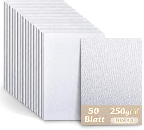 Faccito 50x Strukturkarton Weiß Leinen-Geprägt Din A4 21 x 29,7 cm 180g | Bedruckbar Bastelkarton Geprägt Dickes Präge-Karton für Visitenkarten Hochzeit Einladungs-Karten Geburtstagskarten
