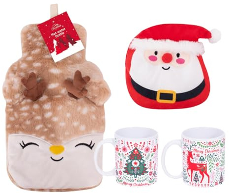 Christmas Cosy Gift Set with Reindeer Hot Water Bottle, Santa Plush Handwarmer & 2 Festive Mugs – Winter Warmth Bundle for Hot Chocolate, Relaxing Nights & Seasonal Gifting
