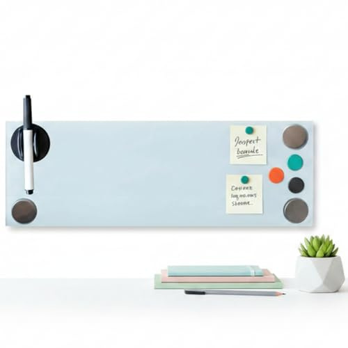 Mucola Glasmagnettafel Whiteboard Magnettafel beschreibbar 60x20 cm Weiß | Kratzresistentes Sicherheitsglas, langlebig, inkl. 3 Magneten, Marker und Stifthalter mit Schwamm, für Termine und Notizen