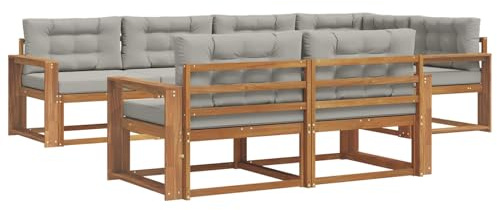 vidaXL Outdoor-Sofagarnitur mit Kissen 7 pcs Natürlich und Hellgrau, Sofa-Set aus Akazienholz, wetterfeste modulare Gartenmöbel, Outdoor Lounge, Flexibles Sectional-Sitzarrangement