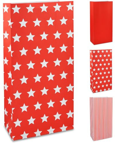 Frau WUNDERVoll® 60 PAPIERTÜTEN MIT BODEN ROT, STERNE 12x7x24cm / Blockbodenbeutel, Tüte, Papierbeutel, Papiertüte, Geschenktüte, Geschenkbeutel, Gastgeschenk, Hochzeit, Mitgebseltüte, Falttasche