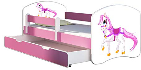 ACMA Kinderbett 70 x 140 cm mit Bettkasten, Matratze & Lattenrost – Jugendbett mit Rausfallschutz, personalisiertes Motiv 43 Kleines Pferd - Rosa, Mädchenbett ab 3 Jahren, belastbar bis 120 kg