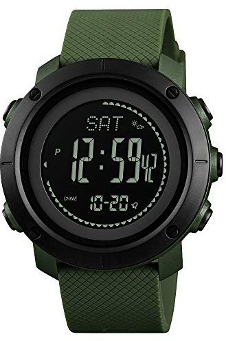 TONSHEN Outdoor Digital Kompass Uhren Herrenuhr Multifunktional Höhenmesser Thermometer Schrittzähler Sportuhr LED Double Zeit Alarm Militär Armbanduhr (Grün 2)