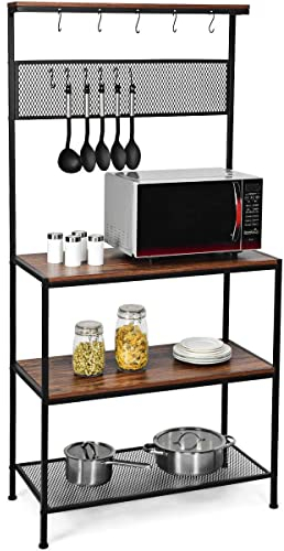 COSTWAY Étagère de Cuisine, Support pour Four à Micro-Ondes à 3 Etages, 11 Crochets en S et 1 Panneau en Grille, Meuble Rangement pour Epices, Pots, Casseroles, Pieds Antidérapants de Style Industriel