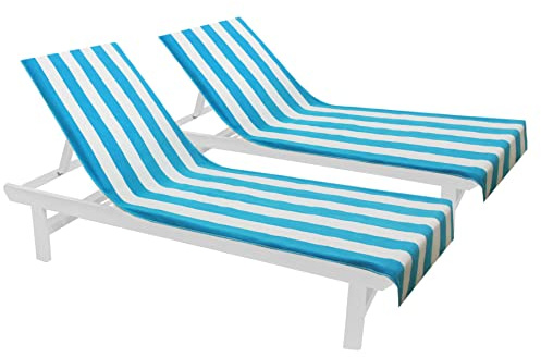 COTTON CRAFT Pool Lounge Chair Cover - 2 Pack - Chaise Beach Picnic Spa Towel - Cabana Stripe - Soft Premium Ringspun Terry Cotton - Oversized - 32 inch Wide x 82 inch Long with 7 inch Pocket – Aqua