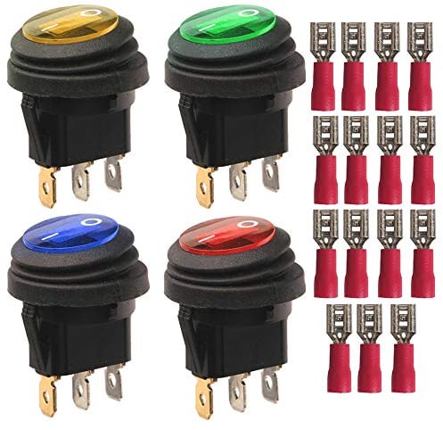 Gebildet 4pcs 230V 6A/125V AC 10A SPST 3 Pins 2 Position EIN/Aus Rot/Blau/Gelb/Grün LED-Licht Beleuchtet Wasserdichter Kippschalter Kippschalter (15pcs Kabelstecker)