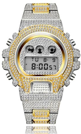 ICEDIAMOND 45mm Iced Out CZ Diamond LED Digitaluhr, multifunktionales großes Zifferblatt mit Datum, Wochenkalender und Zeitmessung, Mode, Hip-Hop-Schmuck für Männer und Frauen (Mixed)