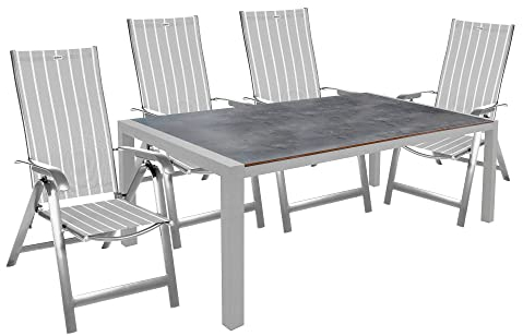 acamp Gartenmöbel Set wetterfest | Acatop 4er Set Gartenstühle klappbar mit Verstellbarer Lehne | Extensio Fix Gartentisch 180x98 cm | Terrassenmöbel Set für 4 Personen in Platin/Denver