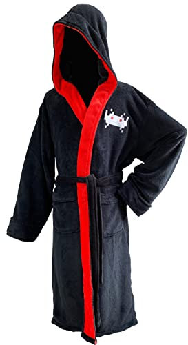 Groovy Uk Space Invaders Men's Fleece Hooded Bathrobe, One Size, Black/Red