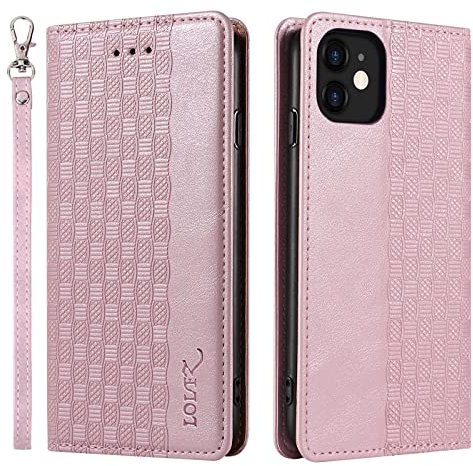 LOLFZ Case for iPhone 11, Leather Flip Wallet Case Card Slots Kickstand Wrist Strap Protective Magnetic Phone Case Cover for Apple iPhone 11 - Rose Gold
