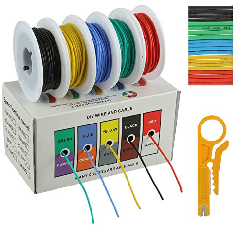 BOJACK 26 AWG Silikonkabel-Set, Verzinnter Kupferlitzendraht 300 V Silikon Elektrischer Draht Kabel Kit 20 φ3mm Schläuchen (5 Farben, je 10 Meter, 26 AWG), Für DIY Modelle Haushaltsgeräte Usw